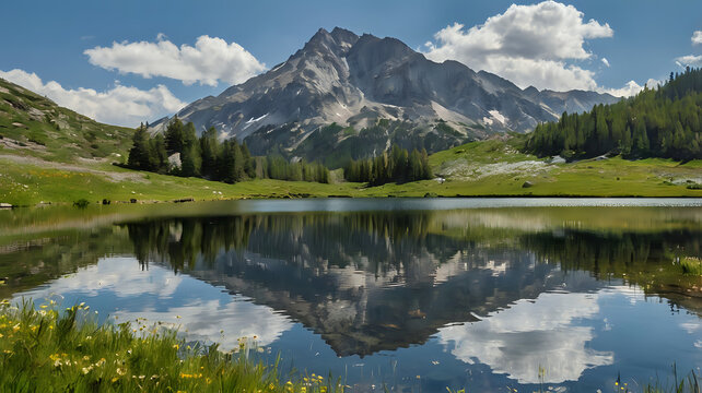 Majestic mountain range reflected perfectly in a calm alpine lake, surrounded by wildflowers and grasslands
