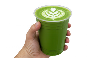 A hand holding a cup of matcha latte, isolated on transparent background