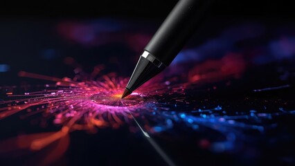 Fountain pen tip writing colorful digital abstract light pattern on bl