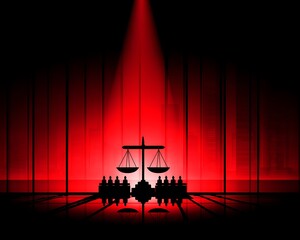 Courtroom scene with balance scale