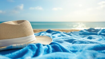 Beach vacation scene with hat and towel