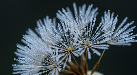 Dandelion Seed Head with Water Droplets on Dark Background.