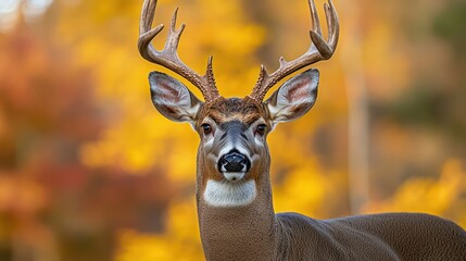 Close-up of a white-tailed deer buck with large antlers,  against a backdrop of vibrant autumn foliage