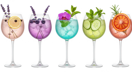 Five colorful cocktails in elegant glasses, garnished with fresh herbs and fruit, isolated on transparent background