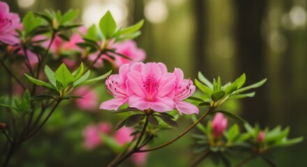 Obraz premium Vibrant Pink Azalea Blooms in a Lush Forest Setting