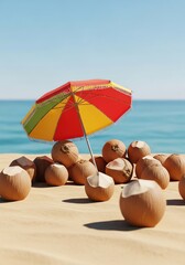 Coconuts and umbrella on beach