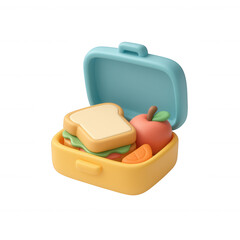 Colorful 3D claymorphic lunchbox with sandwich and fruit isolated on transparent background for playful designs