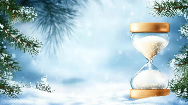 hourglass on snowy winter background animation