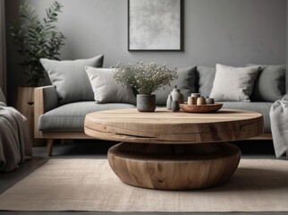 Rustic round wood table near sofa with grey pillows. Scandinavian home interior