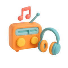 Colorful claymorphic radio with headphones featuring a musical note on a transparent background