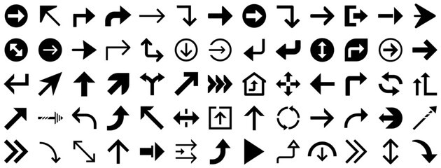 Flat Directional Arrow Symbol Set. Curved, Bold, and Geometric Arrows with Rotation, U-Turn, Diagonal, and Double Sided Icons for UI Navigation, Infographics, and Web Interface. Vector Illustration