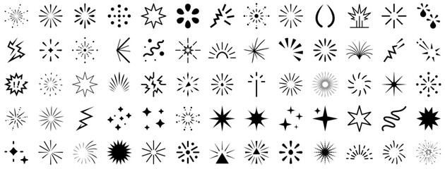 Sparkle and Flash Symbol Icon Set. Abstract Starburst Shapes, Comic Light Explosions, Glowing Effects, and Decorative Bursts for Pop Art, UI Design, and Creative Graphics