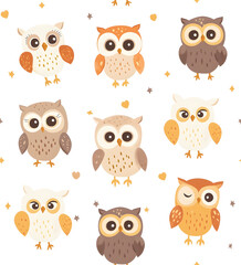 A charming seamless pattern illustration of a cartoon owl