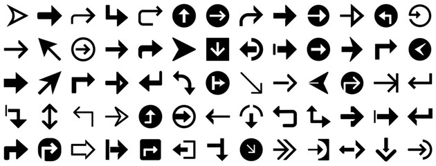 Flat Arrow Icon Set. Bold Navigation Arrows in Curved, Circular, Diagonal, and Straight Directions with Loop, U-Turn, Corner, and Pointer Symbols for UI, Map, and Web Interfaces. Vector Illustration