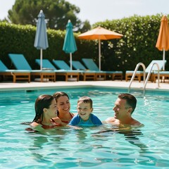 Family enjoying summer swimming pool vacation