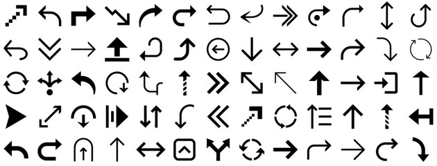 Flat Arrow Direction Icon Set. Bold and Curved Arrows with U-Turn, Pixel, Loop, and Diagonal Symbols for Navigation, UI Elements, Web Maps, and Interface Pointers