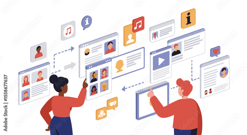 Aufkleber social media connection digital network vector illustration for online communication design in flat 