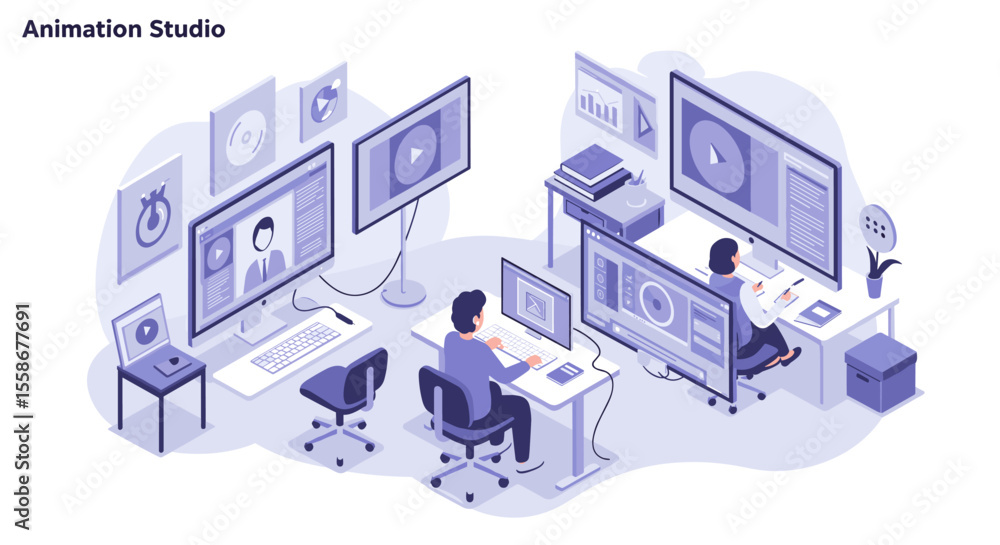 Poster animation studio vector illustration: creative workspace design in isometric style for digital media