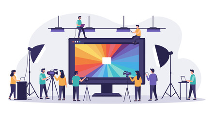Creative team filming production process vector illustration for media and design