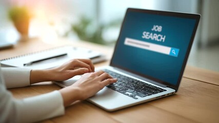 Close-up of laptop screen showing job search page, woman using keyboard at wooden desk with notepad and pen, concept of career exploration online job search, job listing, employmen,laptop scre