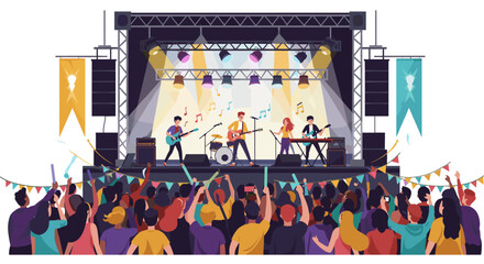 Music festival celebration - flat vector illustration of live band performance with enthusiastic crowd scene