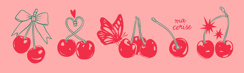 Fototapeta na wymiar Red Cherry set. Cherries on stem, with bow ribbon, butterfly, heart. Double, triple cherries. Hand drawn trendy Vector illustration. Isolated design elements. Icon, print, sticker templates