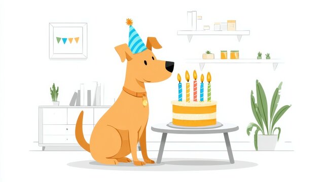 Cute dog celebrating birthday with cake and candles - Powered by Adobe