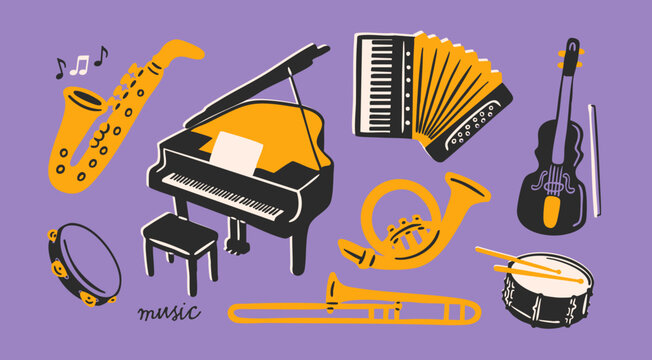 Musical instruments set. Musical school concept. Saxophone, trumpet, drum, flute, waldhorn, French horn, violin, piano, tambourine, accordion. Hand drawn Vector illustration. Isolated design elements