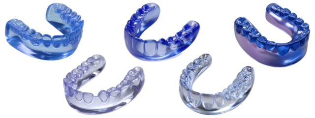 Clear dental night guards and mouthpieces in various transparent shades