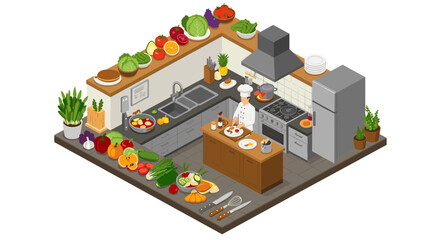 Culinary kitchen scene vector illustration: chef cooking in isometric style for design