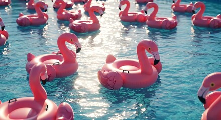 Flamingo floats floating in sunny pool water