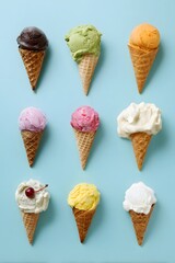 Assorted Ice Cream Cones Collection: Flavors on a Blue Background, Top View