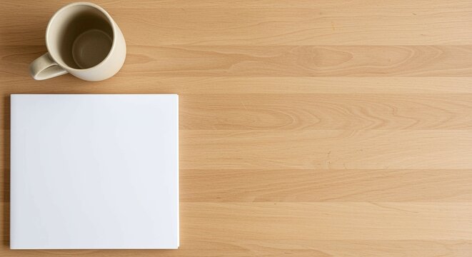 A top down view of a white mug and a blank white canvas on a light brown wooden surface top - Powered by Adobe