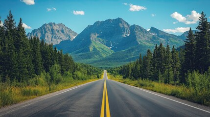 Naklejka premium Scenic Road Leading into Majestic Mountain Range Surrounded by Green Forest and Clear Blue Sky in Summer