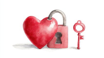 Heart lock with key next to it flat design front view secret love theme water color vivid. 