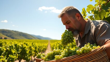 Farmer inspecting freshly harvested green grapes in a vineyard on a sunny day