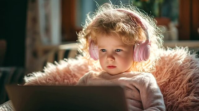 Cute child in headphones using laptop for educational or entertainment purposes, seated in cozy chair