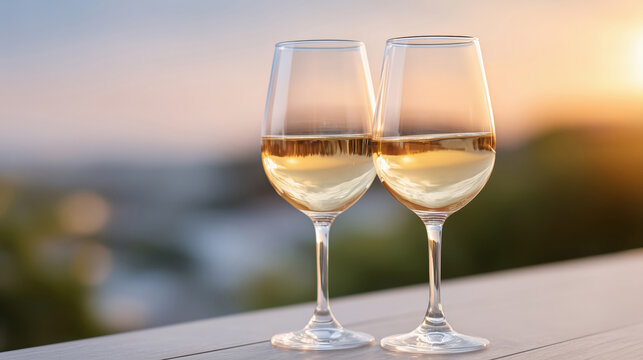 Elegant glasses of white wine on a wooden table at golden hour, set against a dreamy sunset backdrop