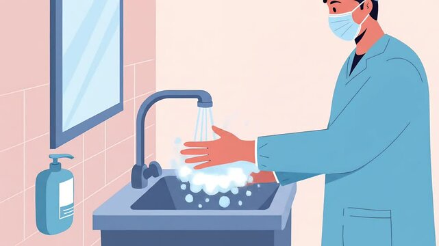 Cartoon surgeon in medical gown washing hands at sink before procedure