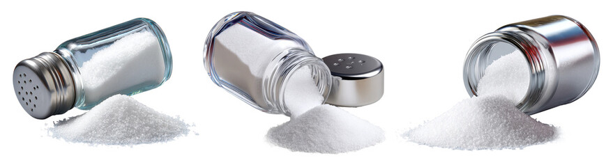 Glass salt shakers tipped over with salt spilling out