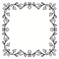 Black and white floral frame with leaves vines and curved lines creating a square outline