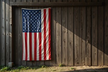 American flag adorns rustic wooden barn siding, casting shadows and celebrating patriotism on a sunny day.