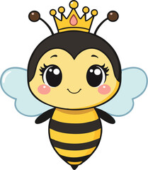 Cute Cartoon Queen Bee with Crown – Adorable Kawaii Insect Character for Kids Stickers, Prints, and Designs