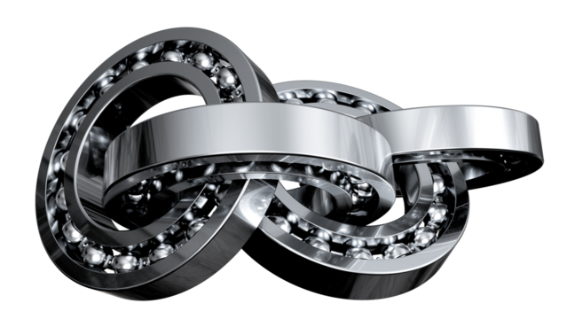 Innovative 3D Render of intertwined ball bearings, symbolizing interconnectedness, technology, and motion. Ideal for illustrating engineering, industrial, and mechanical concepts.