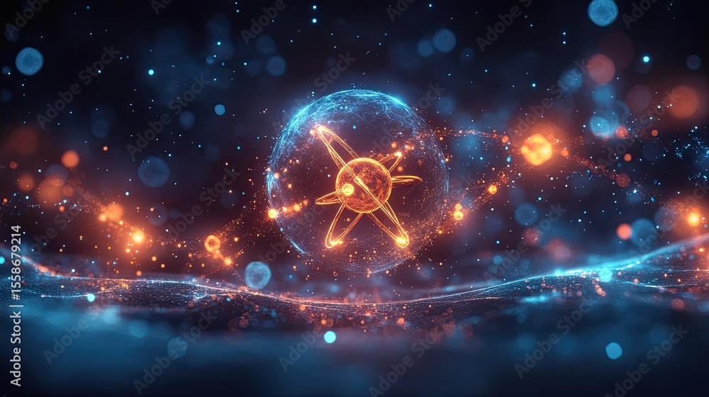 Poster scientific background featuring atom and molecules with abstract glowing particles and dark gradient