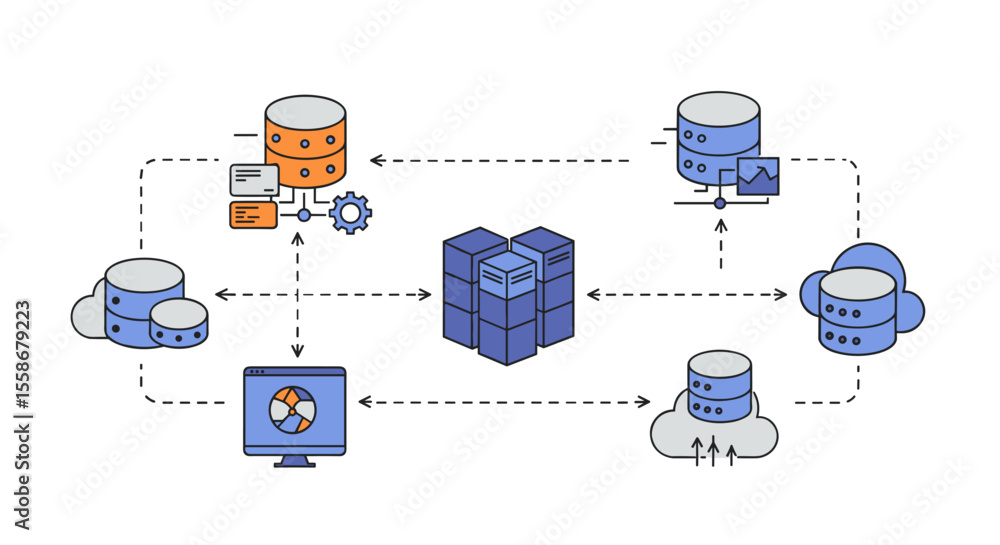 Poster data system network diagram vector illustration for technology design in flat style