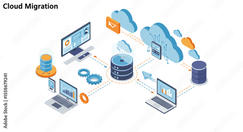 Poster cloud migration strategy vector illustration in isometric style for it infrastructure concept design