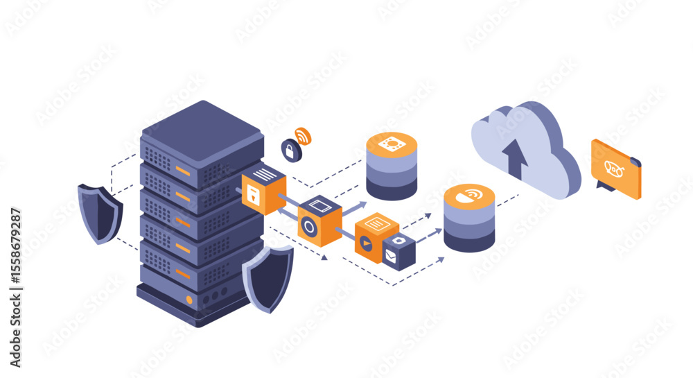 Poster isometric vector illustration of cloud computing and data security design