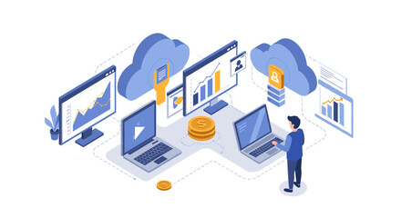 Obraz premium Data security and cloud computing vector illustration for business design in isometric style