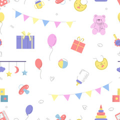 Baby elements seamless pattern. Cute bear, newborn bottle, hearts, different nursery toys. Decorative fabric print, wallpaper wrapping design, vector template